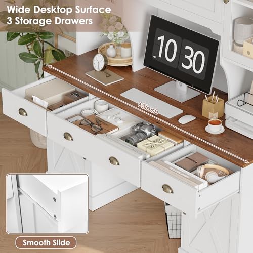 Keyluv 75" Executive Desk with Hutch and Drawers, Computer Desk with Glass Door and Storage Cabinet, 63" W Large Farmhouse Workstation for Home Office Study Writing Gaming Table, White Keyluv