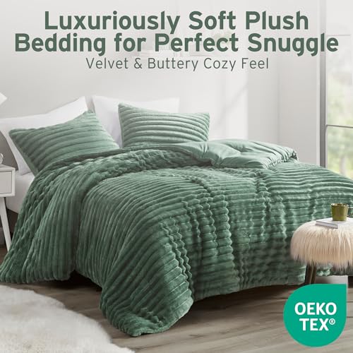 Intelligent Design Twin Comforter Set, Cozy Plush Bedding, Microfiber Reverse, 2 Piece, Lightweight, Super Soft Ribbed Velvet Comforter 1 Sham, All Season Fluffy Bed Set, Avril, Twin/Twin XL Green Intelligent Design