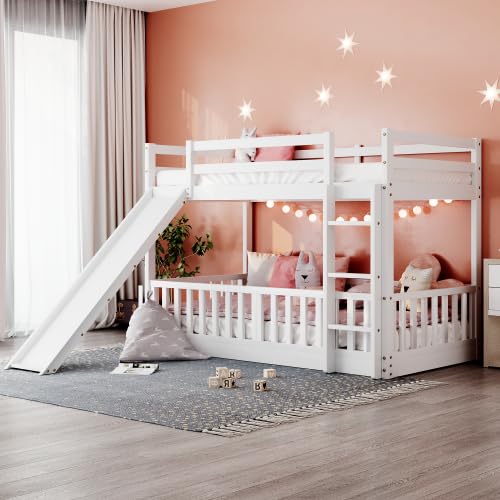 Bellemave Twin Over Twin Floor Bunk Bed with Slide and Ladder, Low Bunk Bed for Kids, Girls, Boys, Removable Fence, White with Fence Bellemave