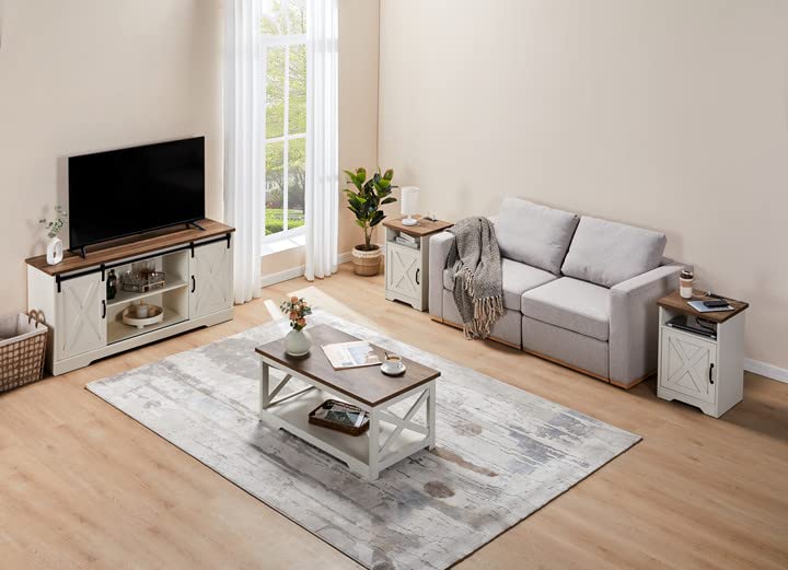 AMERLIFE 4-Piece Farmhouse Table Set Includes Sliding Barn Door TV Stand, Coffee Table& Two End Tables, Side Table with Charging Station and USB Ports, for Living Room, Bedroom, Distressed White, 66" AMERLIFE