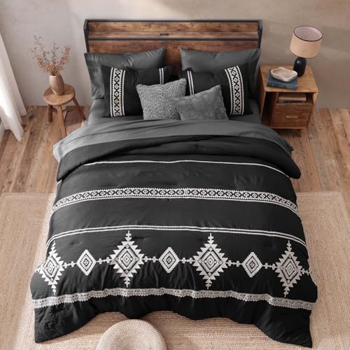 MaiRêve Embroidery Queen Size Comforter Set Black, Boho Farmhouse Western Bedding Set 7 Pieces, All Season Bed in A Bag Comforter Set with Sheets, Pillowcases & Shams MaiRêve