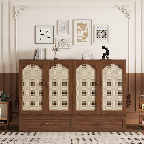 KEIKI Queen Murphy Bed Cabinet with Charging Station & Rattan Design – Space-Saving Wall Bed with Large Storage Drawer, Foldable Platform Bed for Small Rooms – Sturdy Pine Wood Construction, Walnut KEIKI