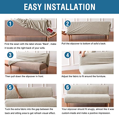 Armless Futon Cover Stretch Sofa Bed Slipcover Protector Elastic Feature Rich Textured High Spandex Small Checks Jacquard Fabric Futon Cover, Machine Washable, Island Fossi H.VERSAILTEX