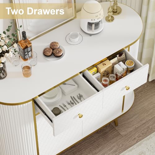 LUMIINOFAMI Sideboard Buffet Cabinet with Storage, 43.3'' Modern Coffee Bar Entryway Cabinet with Drawers, Console Table with Storage Gold Sealed Edge Luxury Style for Living Room, Hallway (White) LUMIINOFAMI