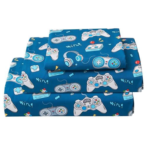 Softan Kids Bed Sheet Set, 4-Piece Full Size Sheets, Microfiber Fitted Sheet with 15 Inches Deep Pocket and Corner Straps, Breathable & Silky Soft Game Controller Printed Sheet and Pillowcase Sets Softan