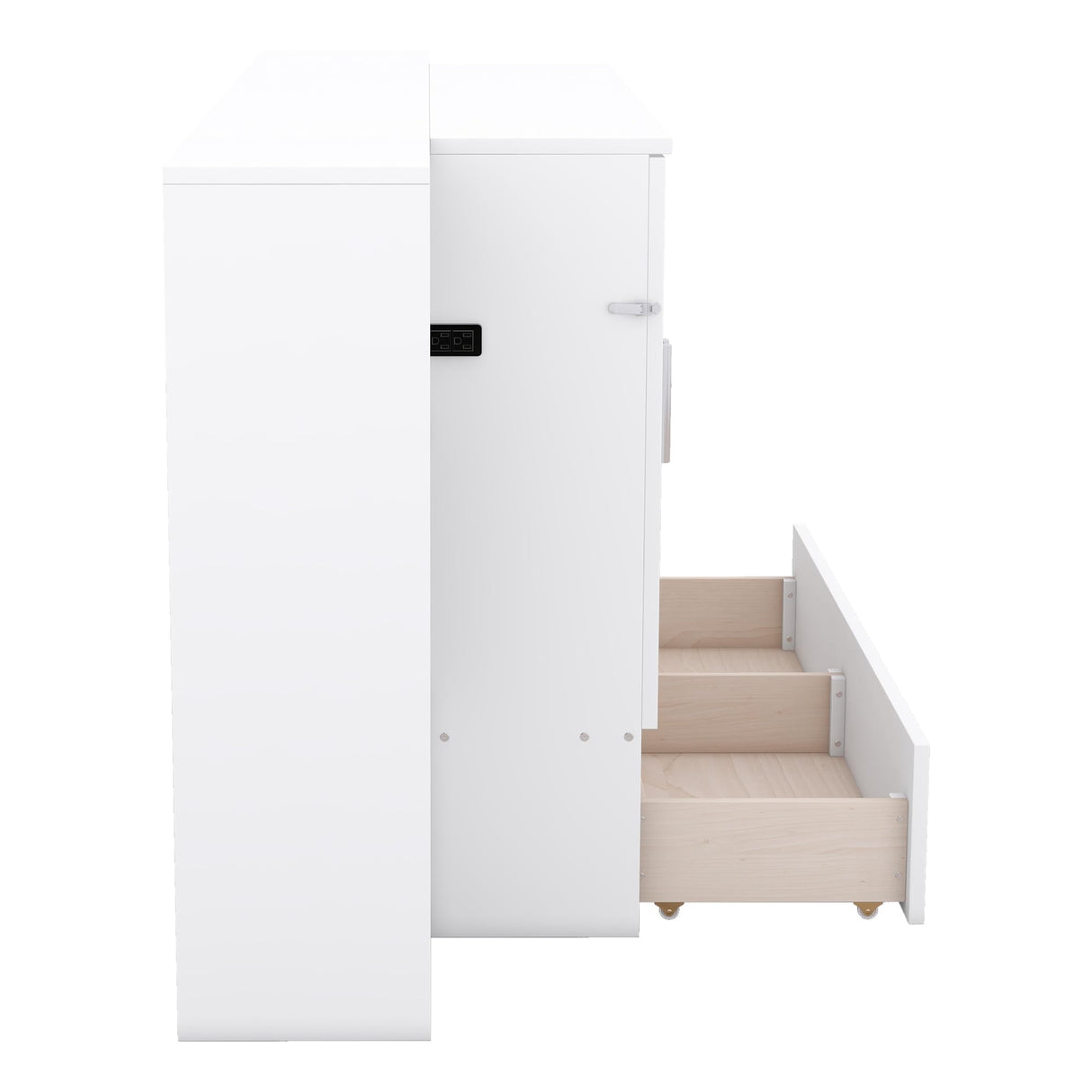 Full Size Murphy Wall Bed With Storage and Bookcase Headboard, Solid Wood Cabinets, Shelves, Drawers and USB Ports, Multi-Function Platform for Home Office, Guest Room (White) MERITLINE