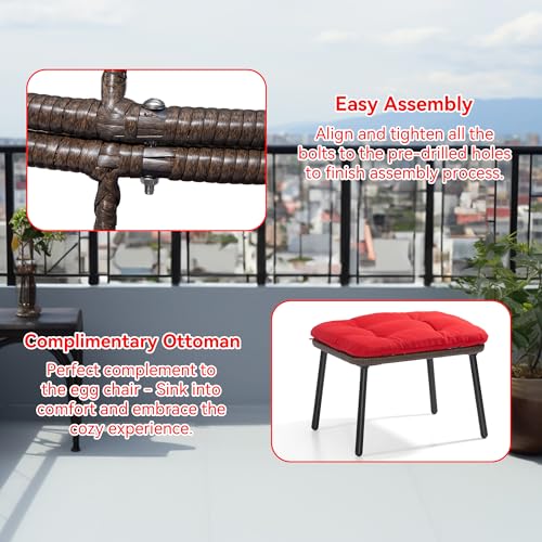 Gardenbee Wicker Egg Chair with Cushion, Indoor Outdoor Lounger for Patios, Living Room, PE Rattan Chair Steel Frame, Strong Load Capacity, Red Cushion Gardenbee