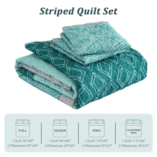 Cottolester Teal Quilt Set Full Size,Striped Plaid Bedspread,Blue Boho Bedding Set Soft Microfiber Quilt for Teens Boys Adults 78"x90" Cottolester