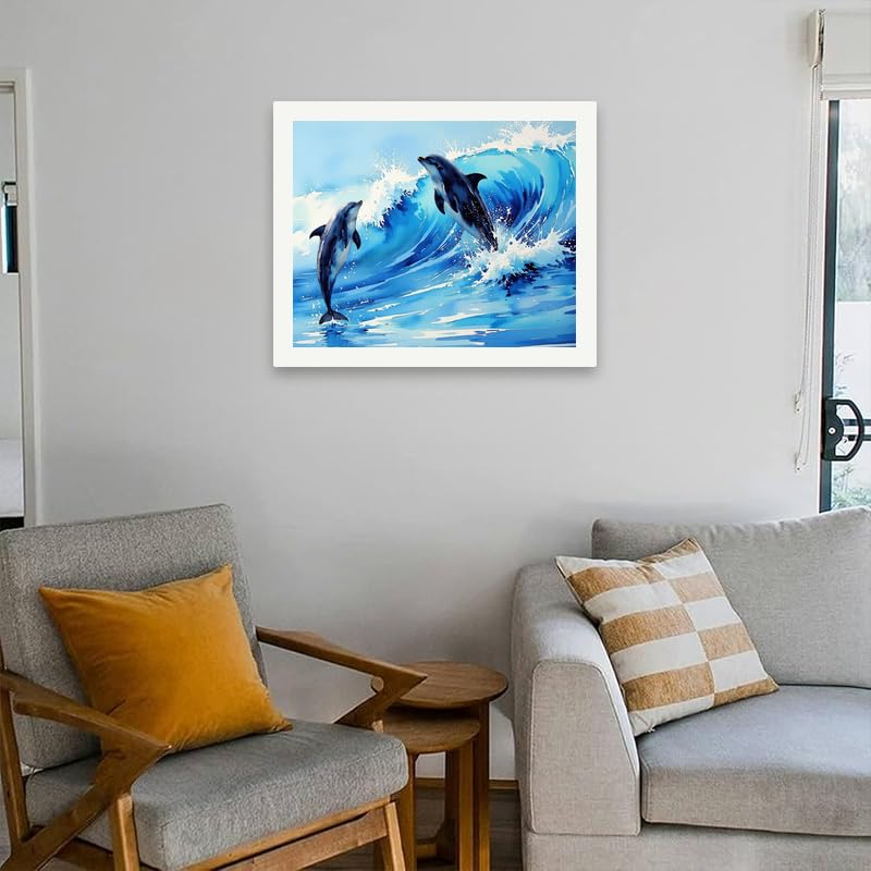 Marine Life Paint by Numbers Kit for Adults - DIY Dolphins Surfing Ocean Waves Painting on Canvas 16x20 Inches, Acrylic Paint Set, Suitable for Beginners, Sea Art for Home Decoration or Gifts DecorFriday