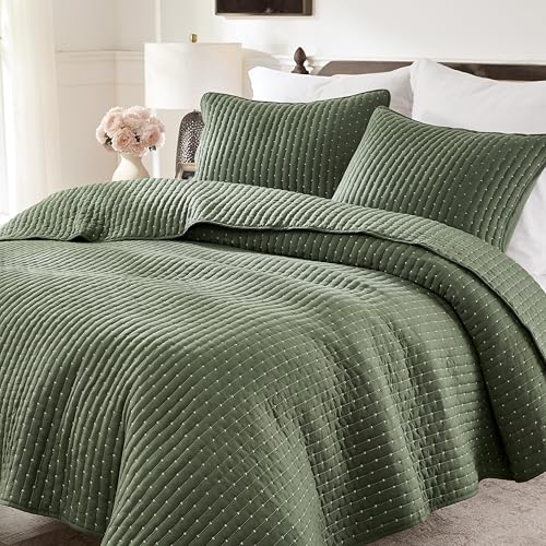 WDCOZY Olive Green Cross Stitch Twin Size Quilt Set, Striped Lightweight Soft Bedspread, Channel Farmhouse Rustic Coverlet, All Season Country Bedding, Thin Comforter WDCOZY