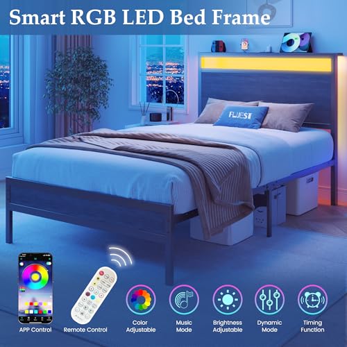 Fluest Twin Bed Frame with Headboard & Footboard, Twin Bed Frame with Charging Station & LED Light, Under-Bed-Storage, No Box Spring Needed, Noise Free, Easy Assembly, Rustic Grey Fluest