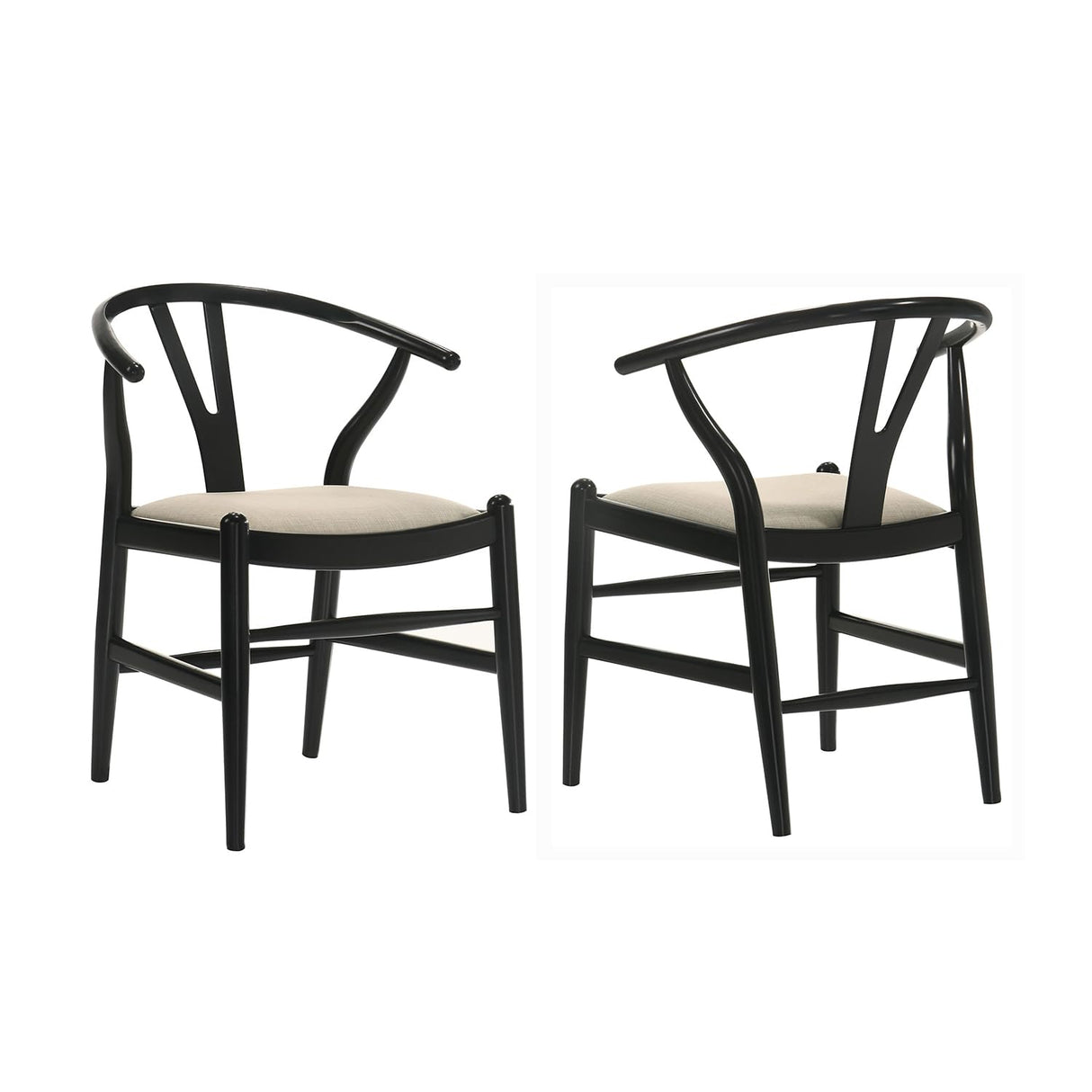 Simple Relax Set of 2 Upholstered Y-Shaped Back Wishbone Dining Side Chairs in Black and Beige simple relax