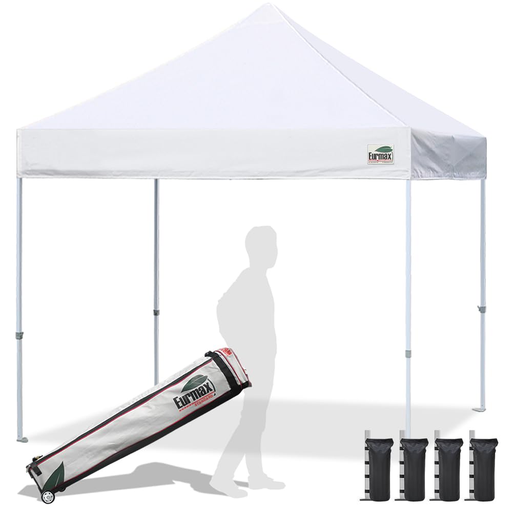 Eurmax USA Standard 10x10ft Patio Pop Up Canopy Tent for Outdoor Events Commercial Instant Canopies with Heavy Duty Roller Bag,Bonus 4 Canopy Sand Bags (White) Eurmax