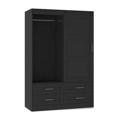 GOSROMS Armoire Wardrobe Closet with Sliding barn Door,Wardrobe Cabinet with 4 Storage Drawers and Hanging Rail,Freestanding Wooden Closet for Bedroom (Black)
