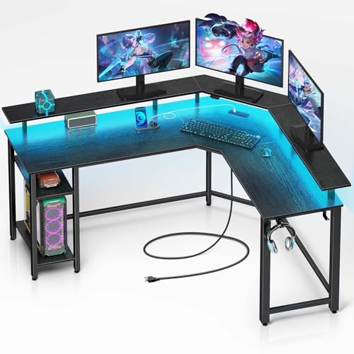 Rolanstar L Shaped Gaming Desk with LED Lights & Power Outlets, 46.2" Computer Desk with Full Monitor Stand & Storage Shelf, Corner Desk with Hooks, Black Desk Reversible Rolanstar