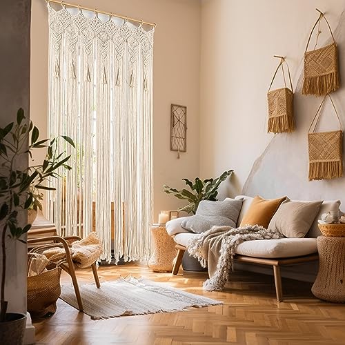 Osunnus Boho Macrame Curtain Handmade String Curtain with Tassel Large Macrame Wall Hanging Boho Room Divider Art Decor for Living Room Bedroom Bohemian Wedding Party Decor, 2 Panels 79" L x 35" W Osunnus