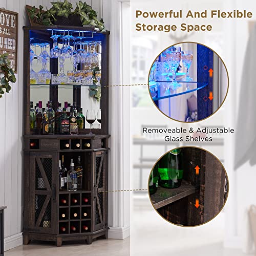 OKD Corner Bar Storage Cabinet, 72" Tall Farmhouse Wine Bar Cabinet w/Barn Door & Adjustable Shelf, Home Bar Cabinet w/LED Light & Glass Rack for Dining Room, Living Room, Kitchen, Dark Rustic Oak OKD