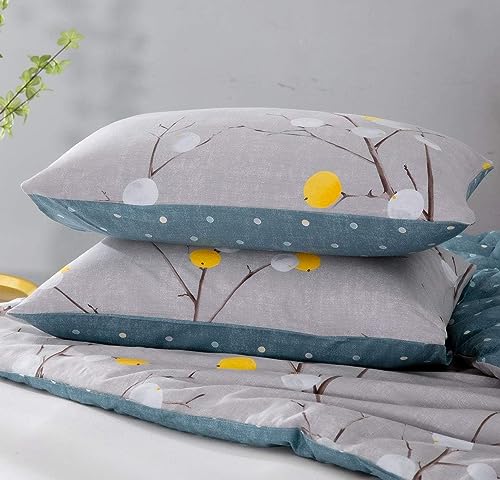 SLEEPBELLA Comforter Twin Size, 600 Thread Count Cotton Grey Branch with Yellow Turquoise Polka Dot Pattern Green Reversible Comforter Set,Down Alternative Bedding Set 2Pcs (Twin, Grey Branch) SLEEPBELLA