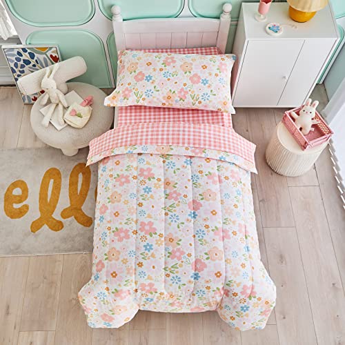 Joyreap 4 Piece Cotton Toddler Bedding Set for Girls, Pink Flowers Design, Soft n Breathable Cotton Toddler Comforter Set, Includes Quilted Comforter, Fitted Sheet, Top Sheet, and Pillow Case Joyreap