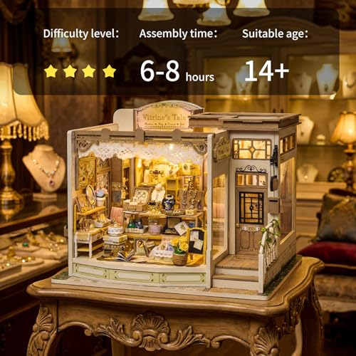 fifijoy DIY Miniature Dollhouse Kit - Jewelry Shop DIY Miniature House Kit for Adults and Teens, 3D Wooden Puzzle Tiny House Model with LED Light, Unique Gift for Family, Friends (Vitrine’s Tale)