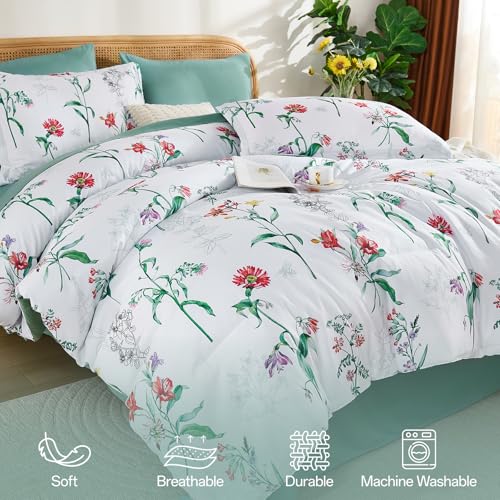 Drucon Comforter Set King Size, 7 Pieces White Green Floral Botanical Comforter Sets, Reversible Bed in a Bag Soft Lightweight Microfiber Bedding Sets for All Seasons (90"x104") Drucon