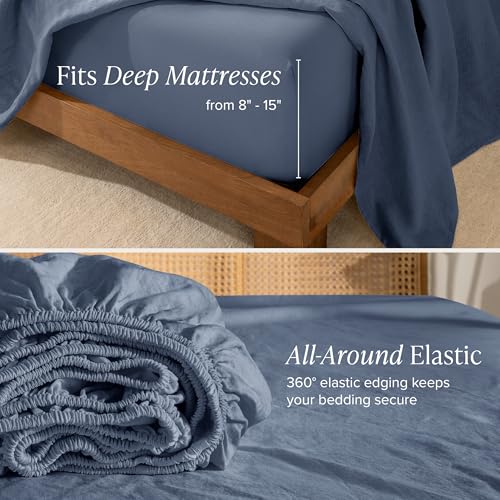Bare Home Twin Extra Long Sheet Set - Luxury 100% European Linen - Deep Pockets - Easy Fit - 3 Piece Set - Bedding Sheets & Pillowcases (Twin XL, Indigo) Bare Home