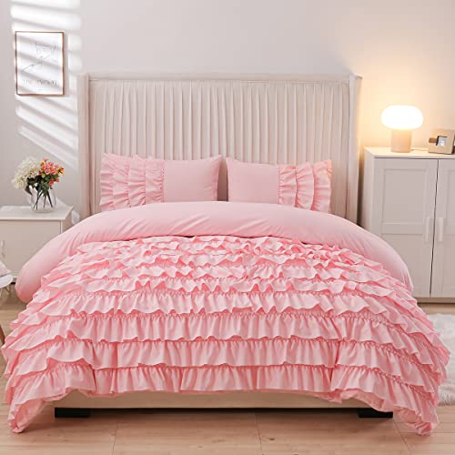 Holawakaka Pink Waterfall Ruffle Comforter Set Twin Size Multi-Layers Ruffled Shabby Chic 3PCS Bedding Set for Girls Women Holawakaka