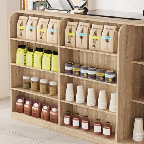 FAMAPY 70.9" L-Shape Reception Desk with Open Display Shelving, 2 Drawers & Cabinets, Modern Reception Counter for Shop Oak 70.9”W x 47.2”D x 39.4”H FAMAPY