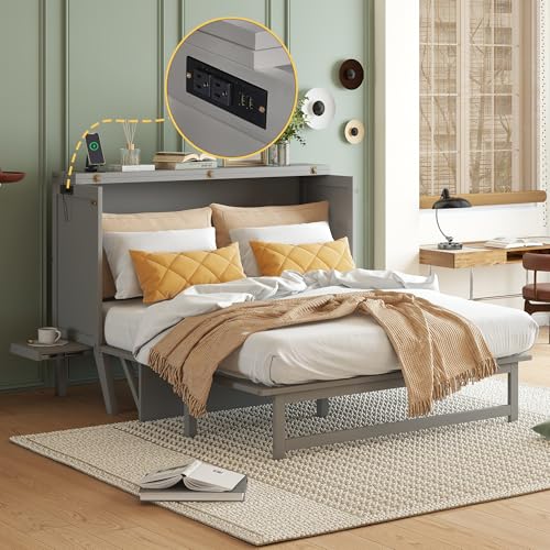 Ball & Cast Queen Size Murphy Bed W/Desk & 2 Removable Shelves,Cabinet Bed W/ 2 USB Port & Power Outlets,Wall Bed Frame for Home Office,Apartment,Guest Room,Grey