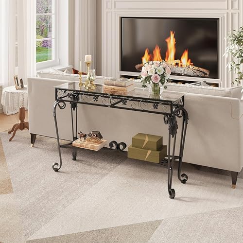 HavenlyYouth Console Table 47.2", Tempered Glass Sofa Tables, Vintage Entryway Table with Metal Frame, Console Tables for Living Room, Entrance, Foyer, Adjustable Feet (Black) HavenlyYouth
