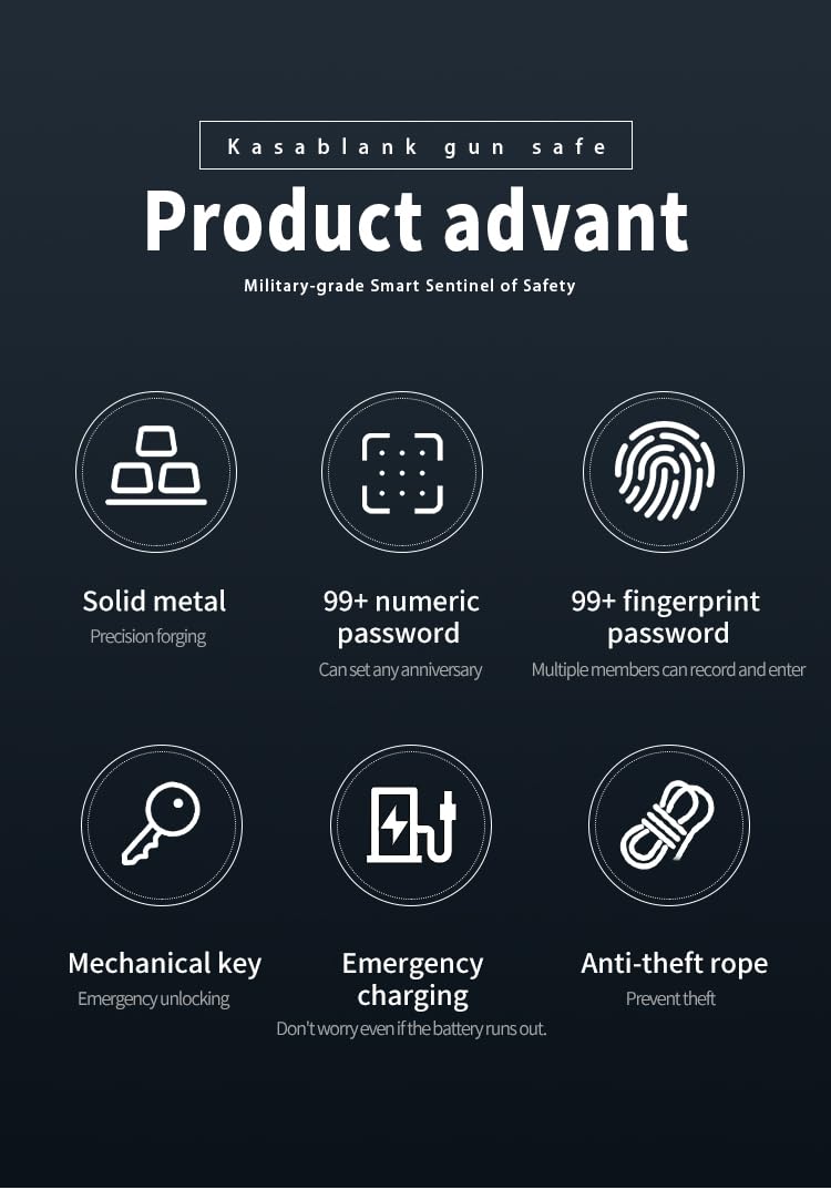 KASABLANK Gun Safe for Pistols - 3 Ways Unlock (Fingerprint/Digital PIN/Key) with Quick Access, LCD Temperature & Humidity Display, Solid Steel Safe for Home, Nightstand, Bedroom, Car and Cloakroom Generic