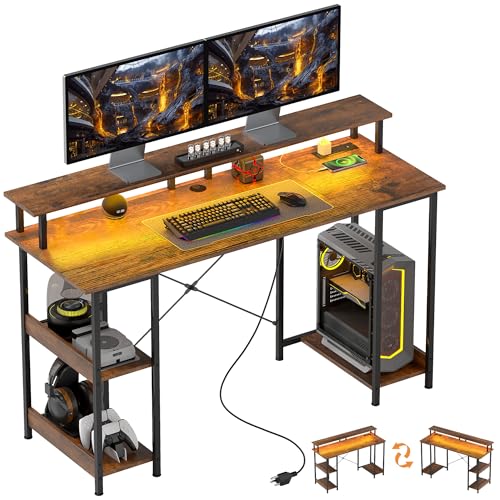 HOMCOM 55" Gaming Desk with Power Outlets and LED Lights, Reversible Computer Desk with Monitor Stand and 2-Tier Storage Shelves, Cable Management, for Home Office, Rustic Brown HOMCOM