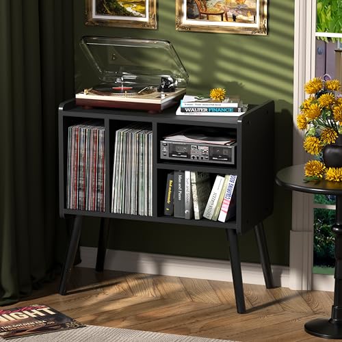 UODERS Record Player Table, Mid-Century Record Player Stand with Vinyl Storage Hold Up to 150+ Albums, Vinyl Record Cabinet with Adjustable Shelves, Wood Turntable Stand for Music Living Room (Black) UODERS