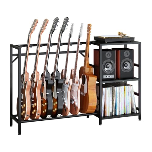 ZHNSYDN Record Player Stand with Guitar Stand, Record Player Table with Guitar Rack, Guitar Holder 7 Space for Multiple Guitars, Bass, Acoustic, Guitar Display for Home Music Studio, Black ZHNSYDN