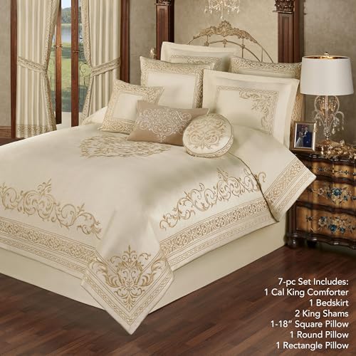 Versailles Luxury Bedding | Classic Neutral Pearl | Palace-Inspired French Style Golden Scrollwork Embroidery on Sateen | 7 Piece Set: Cal King Comforter, Bedskirt, 2 King Shams & 3 Decorative Pillow Touch of Class
