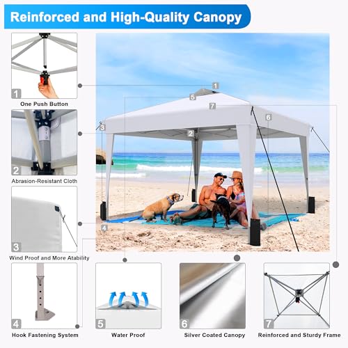 SANWAY 10x10 Pop up Canopy Tent, One-Button, Outdoor Instant Canopy Protable for Events, Camping, Parties, Vendor, Beach Tent - White SANWAY