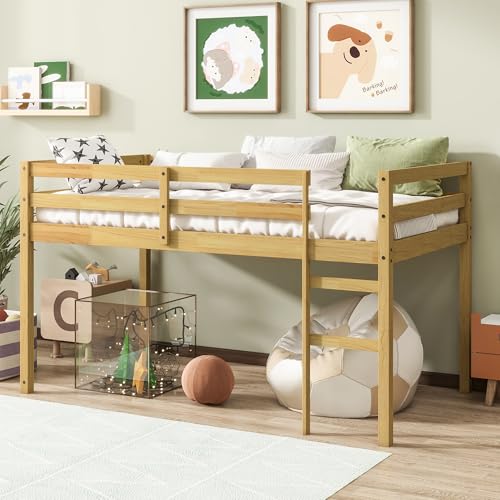 Bellemave Twin Size Low Loft Bed,Kids Loft Bed with Ladder,Solid Wood Low Loft Bed Twin Size for Girls Boys,Natural Bellemave