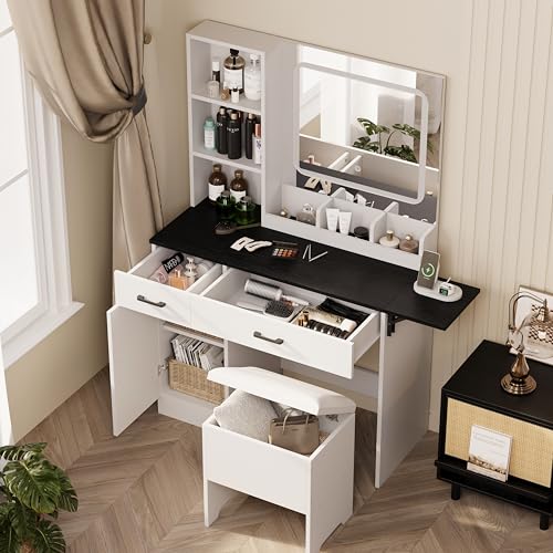 Esmlada Farmhouse Makeup Vanity Desk with Mirror and Lights, Vanity Desk Table Set with Storage Bench, Power Outlet, for Bedroom, Black Esmlada