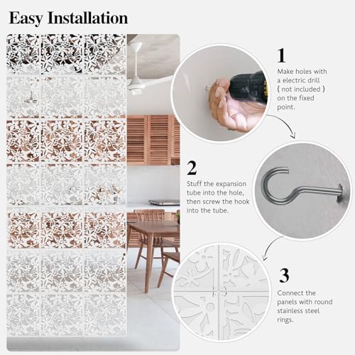 ANMINY 24 PCS Hanging Room Divider Flower Carving Pattern Panels Decorative Wall Screen Panel Hollow Out Design for Living Dining Room Bedroom Home Hotel Decor - White ANMINY
