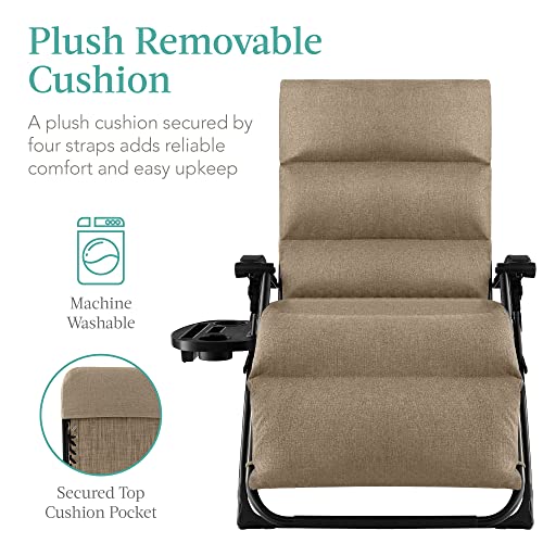 Best Choice Products Oversized Zero Gravity Chair, Folding Outdoor Patio Recliner, XL Anti Gravity Lounger w/Removable Cushion, Cup Holder, Side Tray, 350lb Capacity - Wheat Best Choice Products