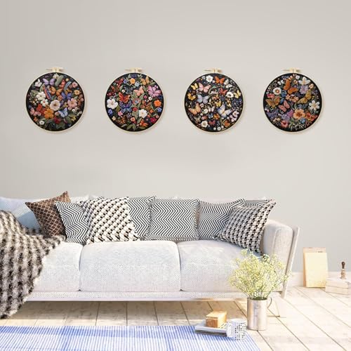 SCECALA 4 Pack Butterfly Floral Embroidery Kit - Flower Butterfly Hand Embroidery Kit for Beginners with Pattern, Complete Cross Stitch Supplies DIY Craft for Adults Sewing Hobby, 1pc Hoops