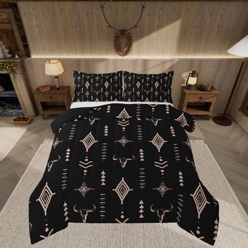 Feelyou Rustic Western Bedding Set Full Size Kids Western Tribal Bull Skull Comforter Adult Black Brown Boho Ethnic Aztec Cow Pattern Comforter Set Feelyou