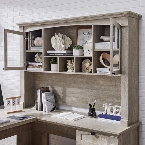 OKD 60" L Shaped Executive Desk with Hutch and Drawers, Farmhouse Home Office Desk with Charging Station, File Cabinet Storage, Wood Corner Computer Desk for Work and Study, Light Rustic Oak OKD