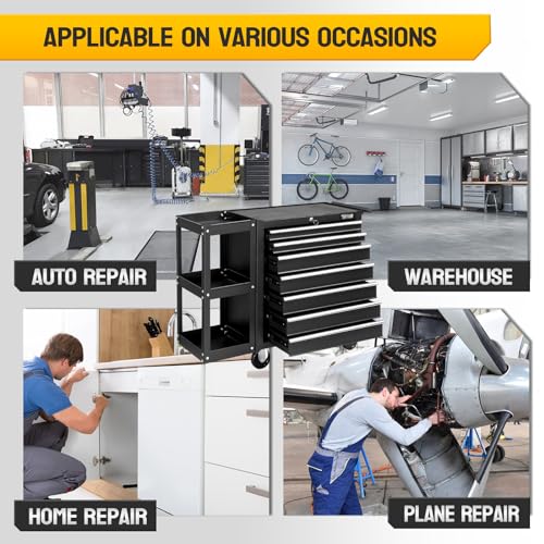 TUFFIOM 7-Drawer Rolling Tool Chest w/Lock & Key, Tool Storage Side Cabinet with Side Shelves Wheels, Top Cushion & Drawer Liners, Tool Organizer Box for Garage, Warehouse & Repair Shop, Black TUFFIOM