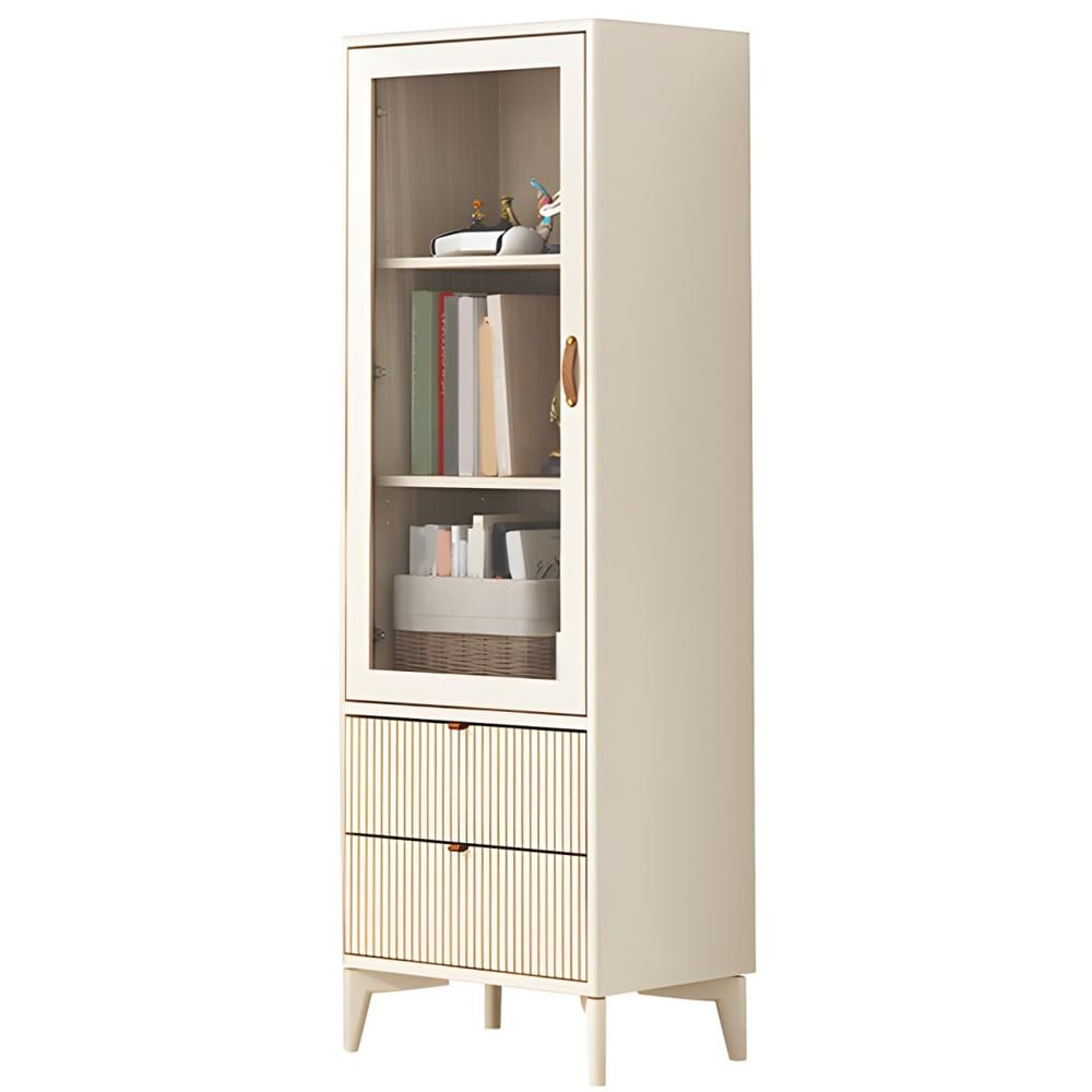 Elegant White Wooden Bookcase with Glass Doors and Storage Drawers for Stylish Home Organisation LITFAD