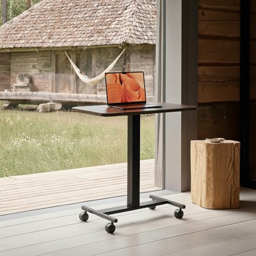 HUANUO Small Rolling Laptop Standing Desk, Height Adjustable Mobile T-Base Desk with Lockable Casters, Portable Sit-Stand Workstation for Bedside & Sofa, Walnut HUANUO