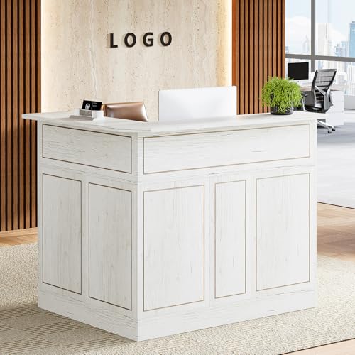 Tribesigns Reception Desk with Storage Shelves, L-Shaped Modern Front Desk, Reception Counter Table for Small Office, Salon, Checkout, White Tribesigns
