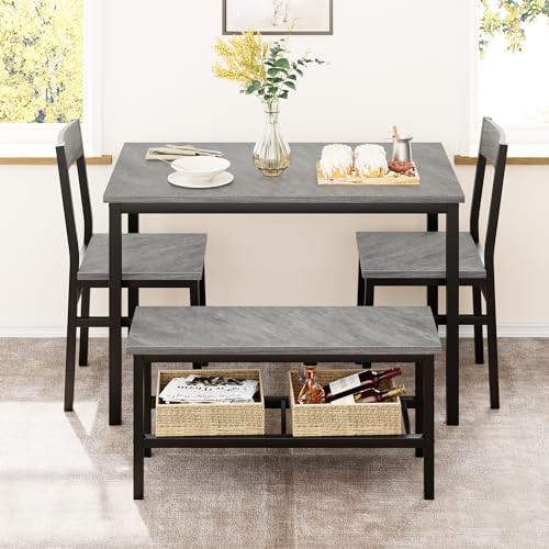 GAOMON Dining Table Set for 4, Modern Kitchen Table with 2 Chairs and Bench for Small Space, 4-Person Dining Room Table Set with Metal Frame and Storage Rack, Dinette Set for Apartment, Gray GAOMON