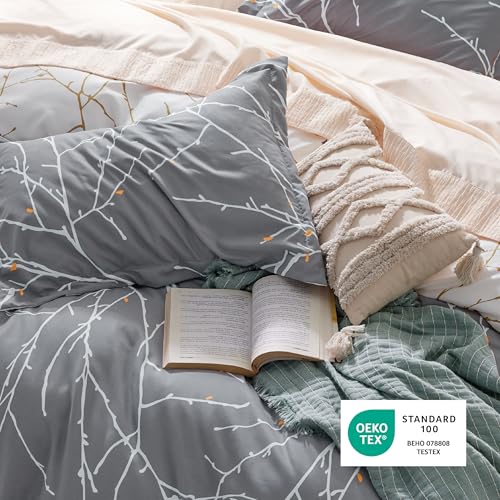 Bedsure Duvet Cover Twin Size - Reversible Botanical Duvet Cover Set with Zipper Closure, 2 Pieces Grey Bedding Set with 8 Corner Ties and 1 Pillow Sham 20"x26" Bedsure