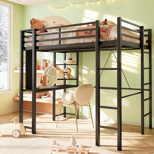 SUNLEI Metal Twin Loft Bed with Desk, Twin Size Loft Bed with 2 Built-in Ladders & Safety Guard, for Small Bedroom Noise Free, Charcoal Black SUNLEI